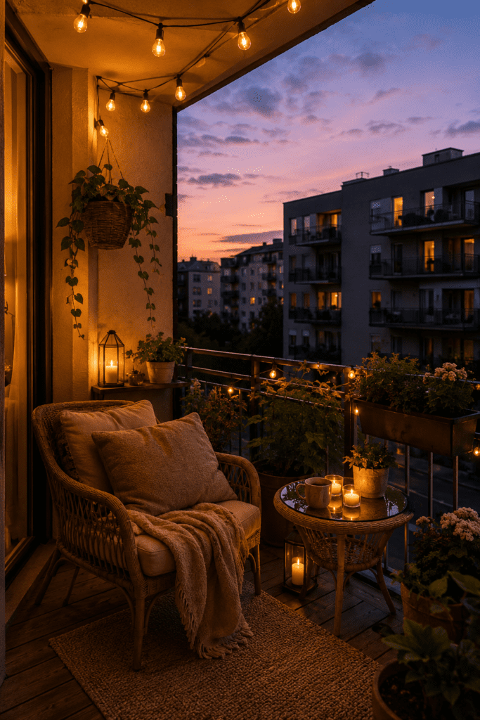 Cozy apartment balcony with warm string lights, soft evening glow, and comfortable outdoor seating.