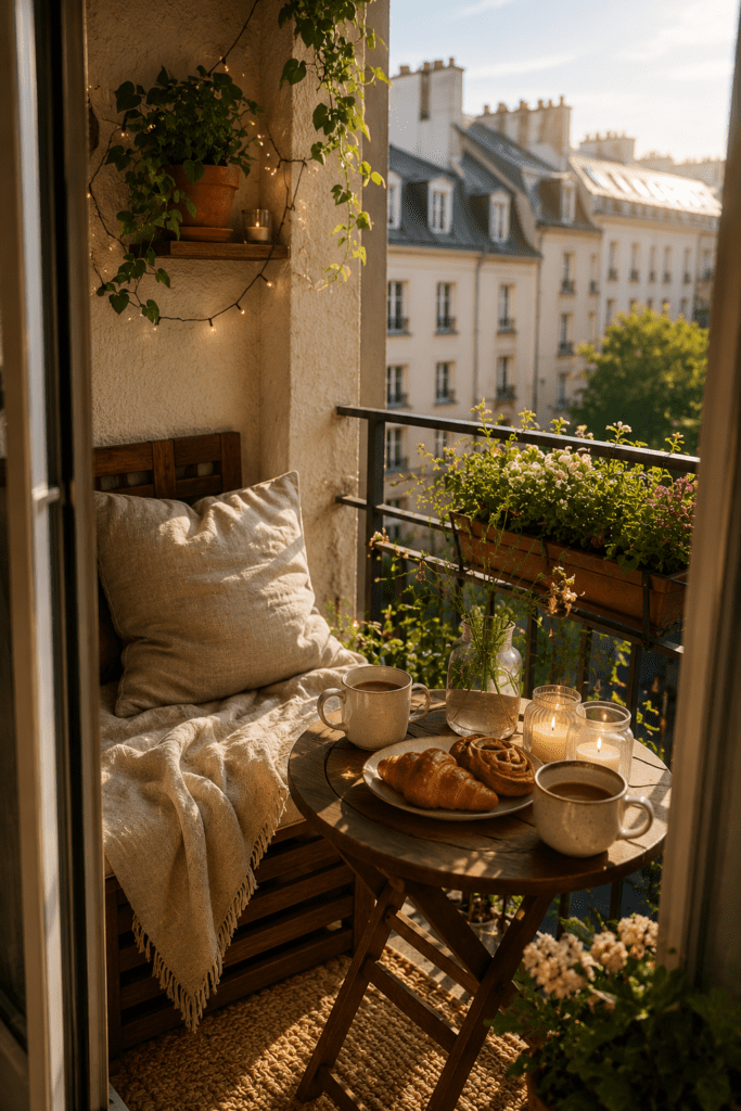 Small cozy balcony coffee corner with wooden table, coffee mugs, pastries, and warm morning sunlight.