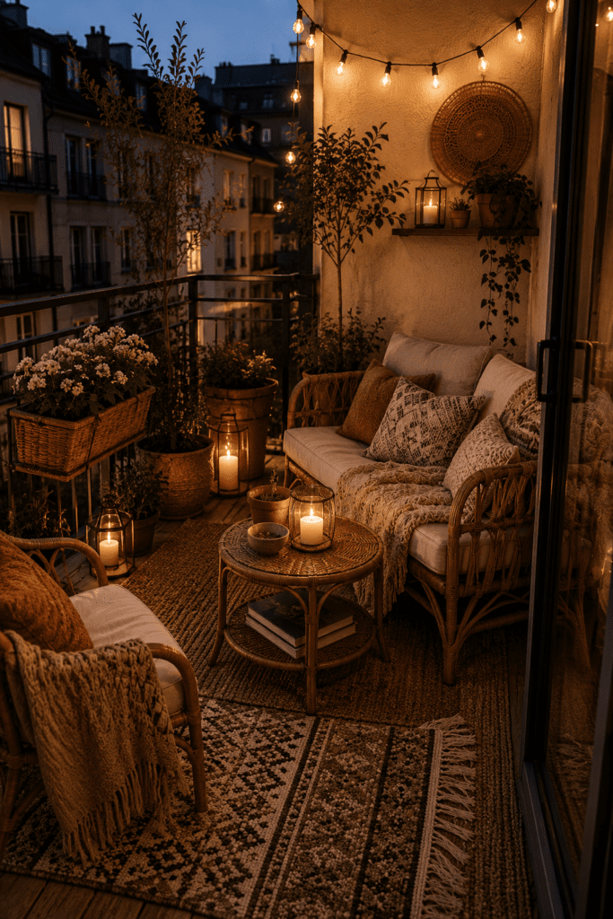 Apartment balcony with woven outdoor rugs, cozy textures, and warm relaxing decor.