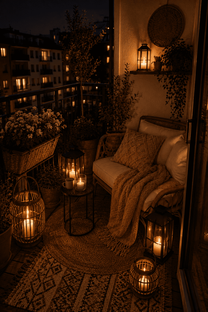 Cozy balcony with glowing lanterns, candles, and warm ambient evening lighting.