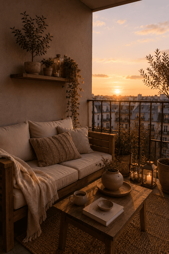 Apartment balcony with natural wood furniture, soft cushions, and warm sunset atmosphere.