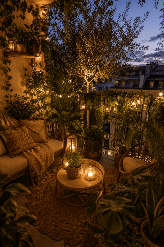 Lush apartment balcony filled with greenery, olive trees, and cozy evening decor.