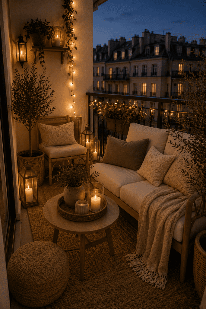 Neutral-toned cozy balcony with cream cushions, woven textures, and relaxing warm lighting.