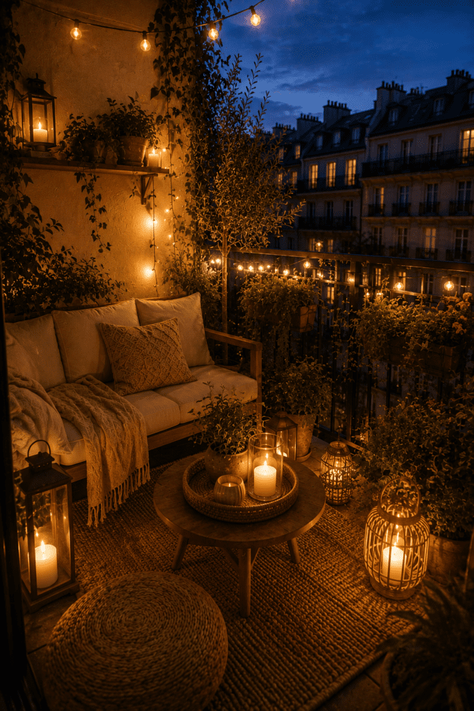 Apartment balcony with layered evening lighting, candles, and warm glowing ambience.