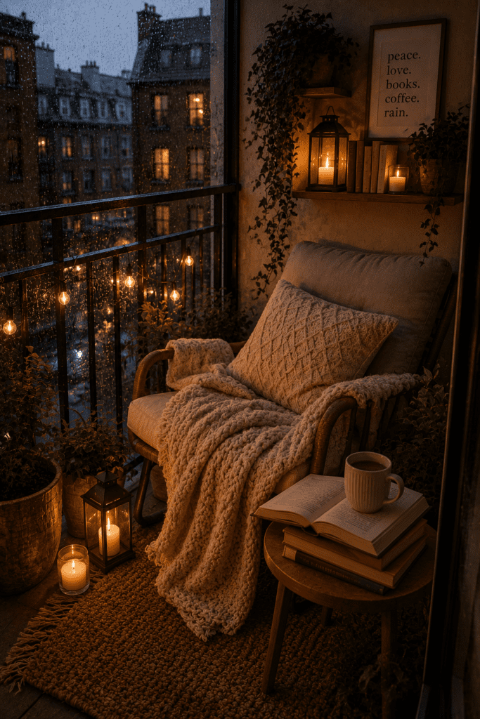 Peaceful balcony reading nook with lounge chair, blankets, books, and cozy lighting.