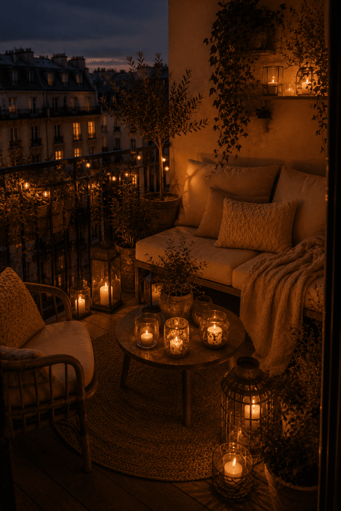 Cozy balcony decorated with candles, warm lighting, and relaxing evening atmosphere.