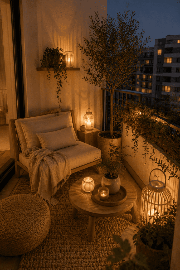 Minimal Japandi-style balcony with natural wood furniture, calming plants, and soft lighting.