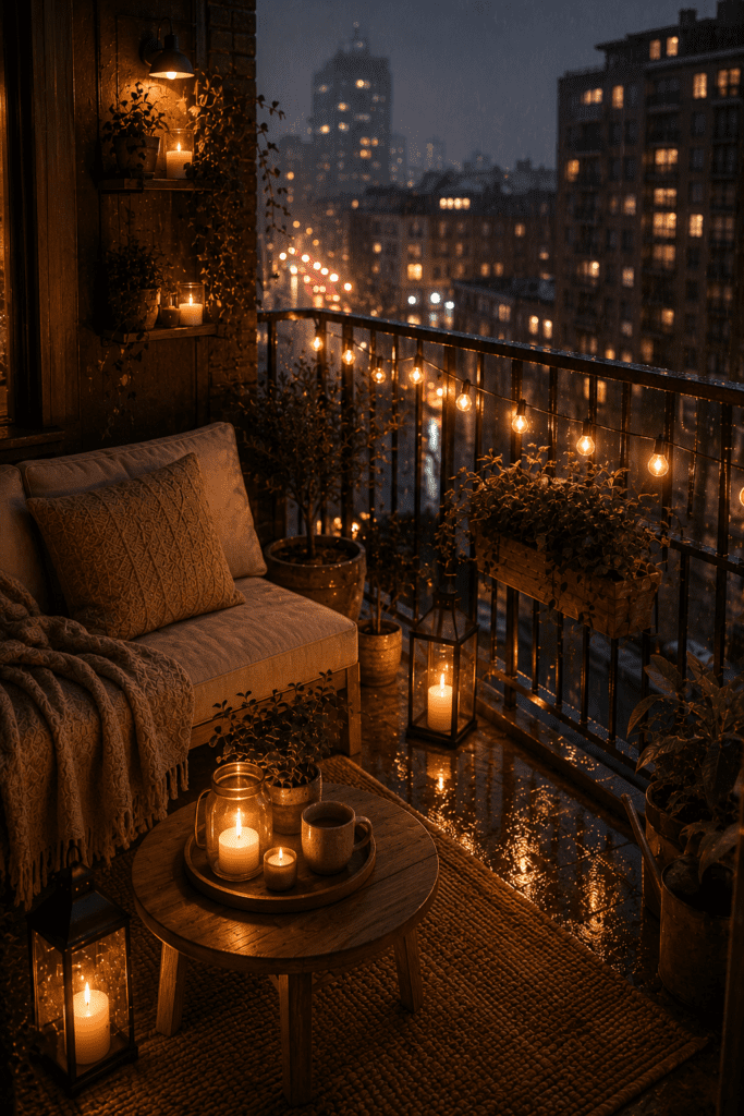 Rainy apartment balcony with glowing string lights, cozy seating, and cinematic reflections.