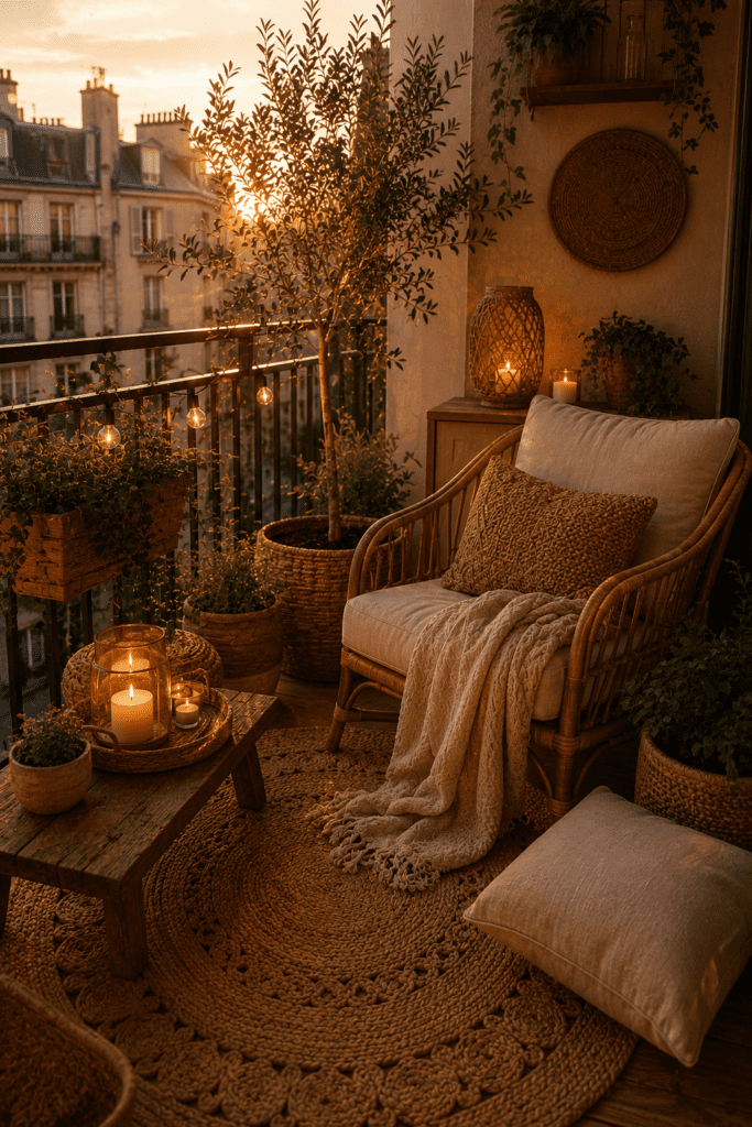 Cozy balcony with woven rattan furniture, jute rug, and natural earthy textures.