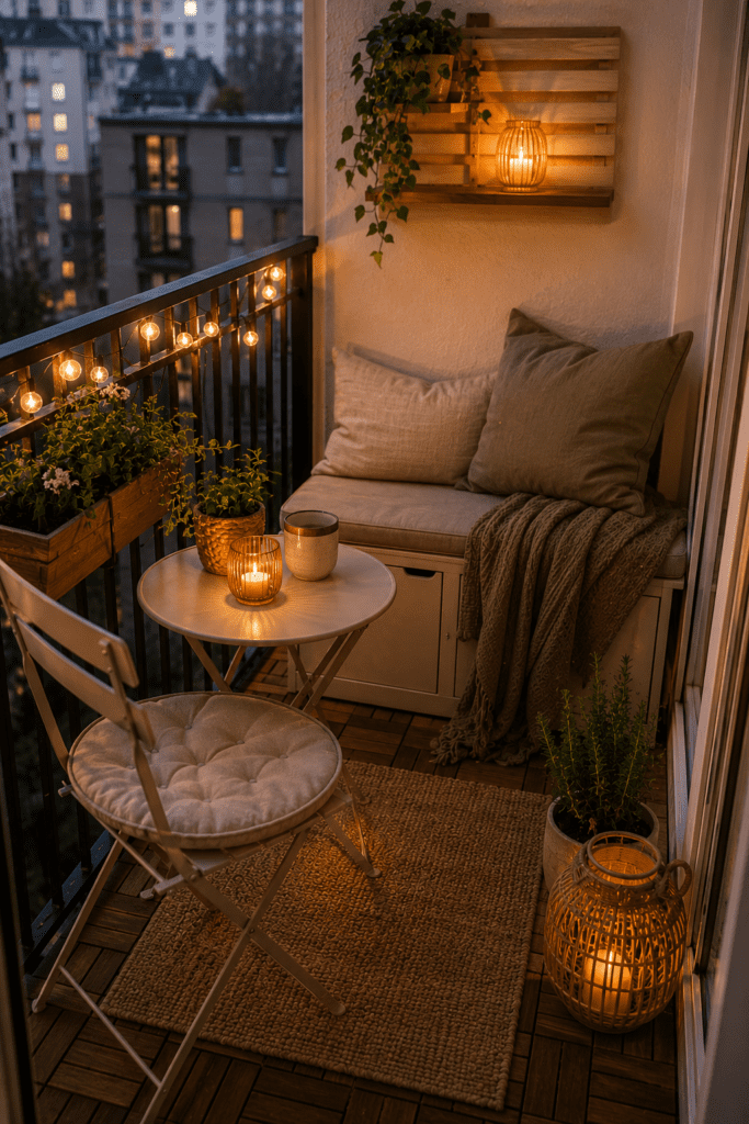 Tiny apartment balcony with compact furniture, warm lighting, and cozy small-space decor.