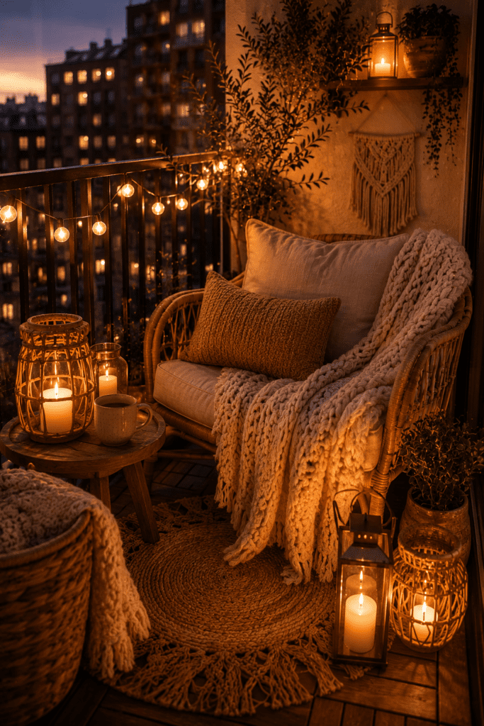 Warm balcony with chunky knit blankets, lantern lighting, and relaxing evening ambience.