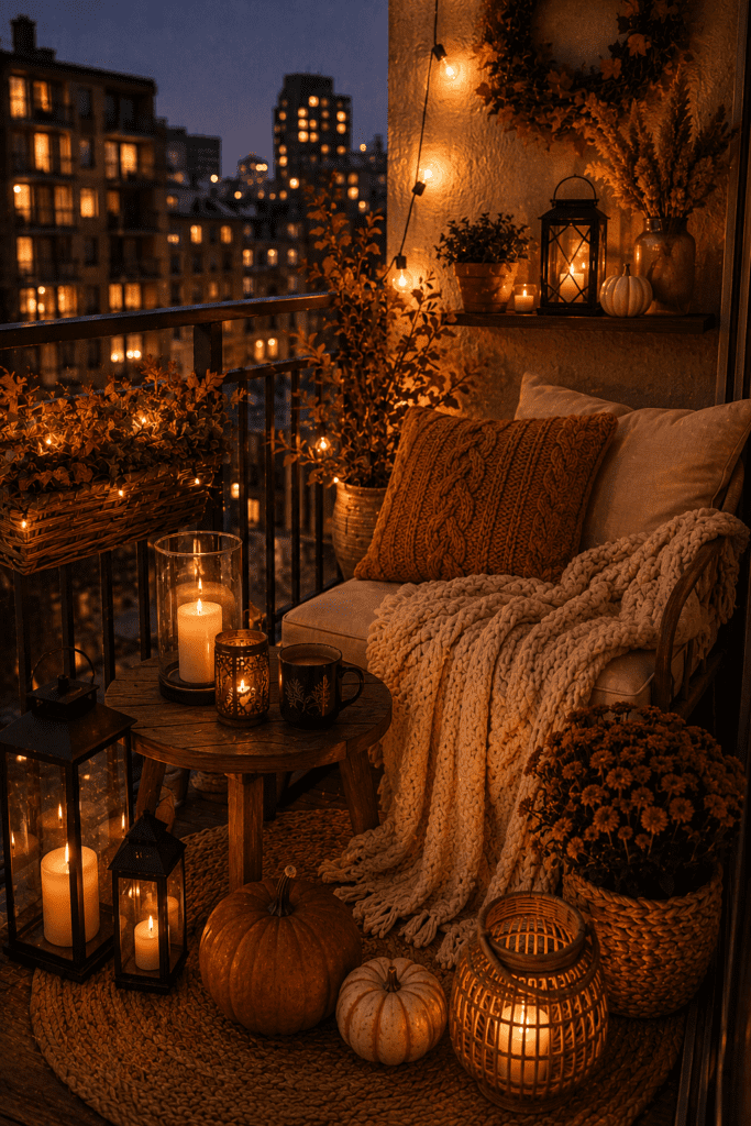 Cozy autumn balcony with candles, warm throws, and seasonal decor accents.
