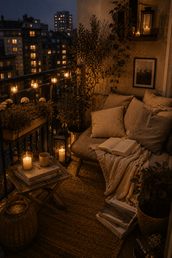 Realistic lived-in balcony with casual decor styling, candles, and warm cozy atmosphere.