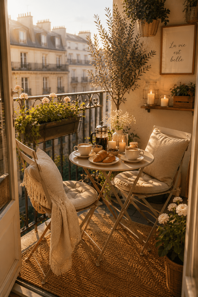 Apartment balcony with small bistro table, coffee setup, and soft morning sunlight.