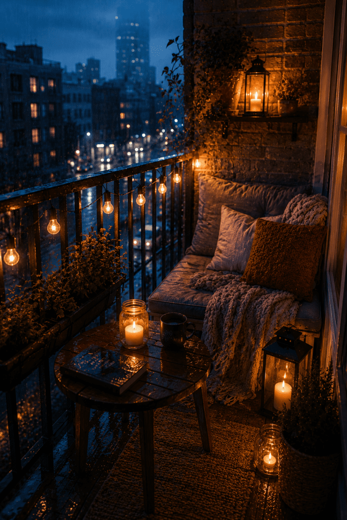 Cinematic balcony with warm string lights and cool rainy evening tones creating cozy contrast.