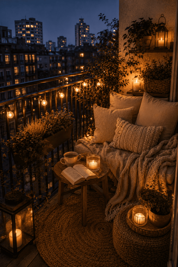 Comfortable cozy apartment balcony with layered lighting, soft cushions, plants, and relaxing ambience.