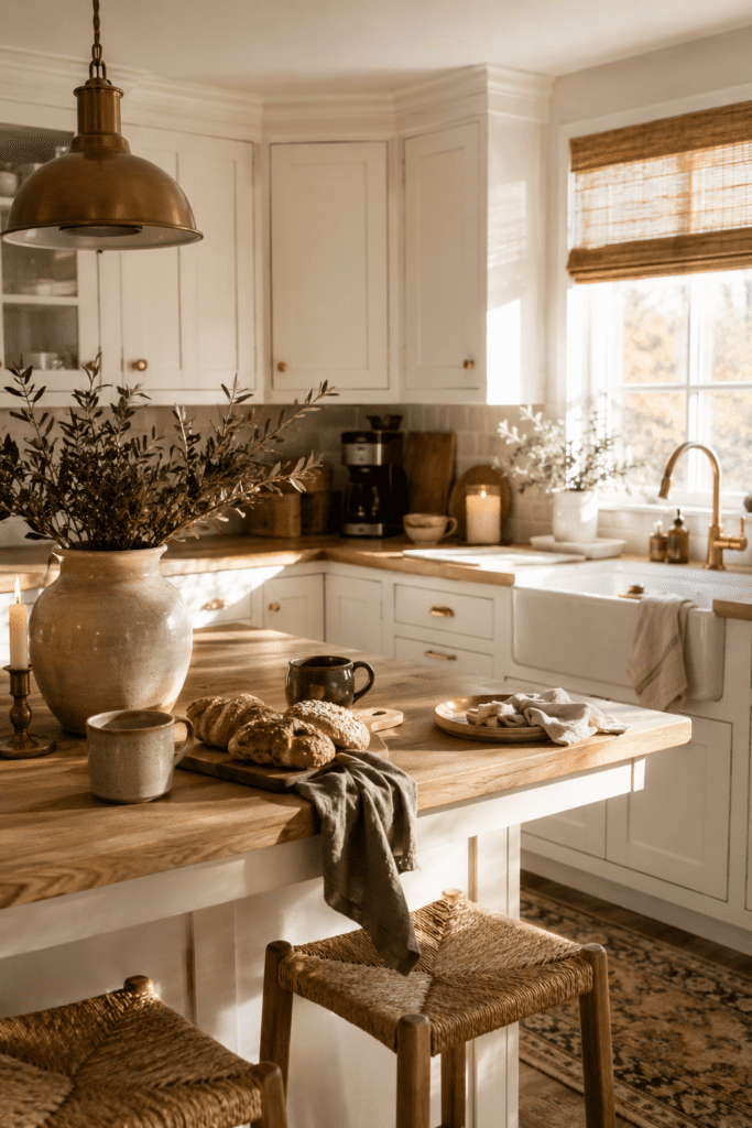 Realistic farmhouse kitchen with warm morning sunlight, oak wood textures, cozy breakfast decor, and soft neutral styling.