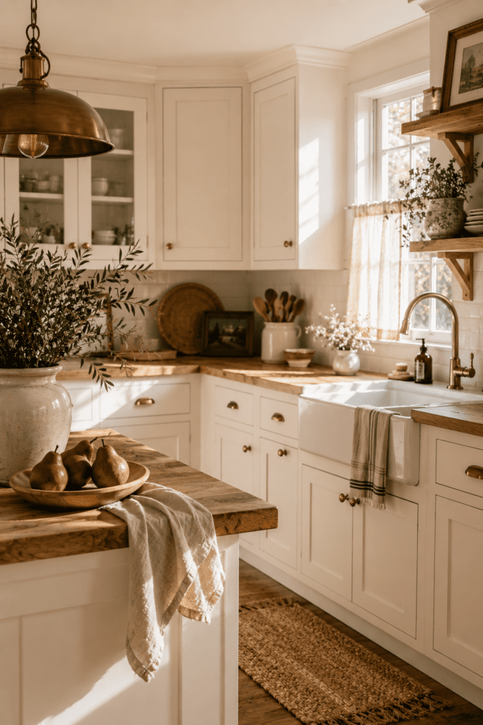 Warm white farmhouse kitchen cabinets with cozy natural lighting and soft earthy decor accents.