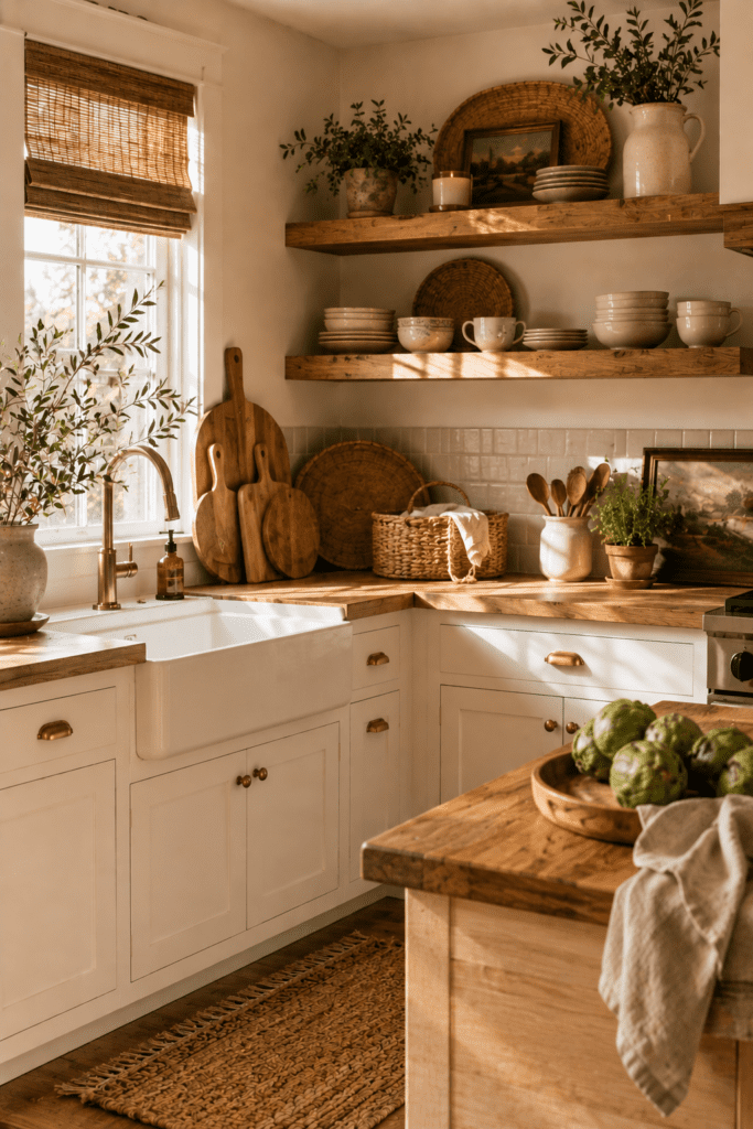 Farmhouse kitchen with natural oak wood countertops, floating shelves, and warm cozy styling.