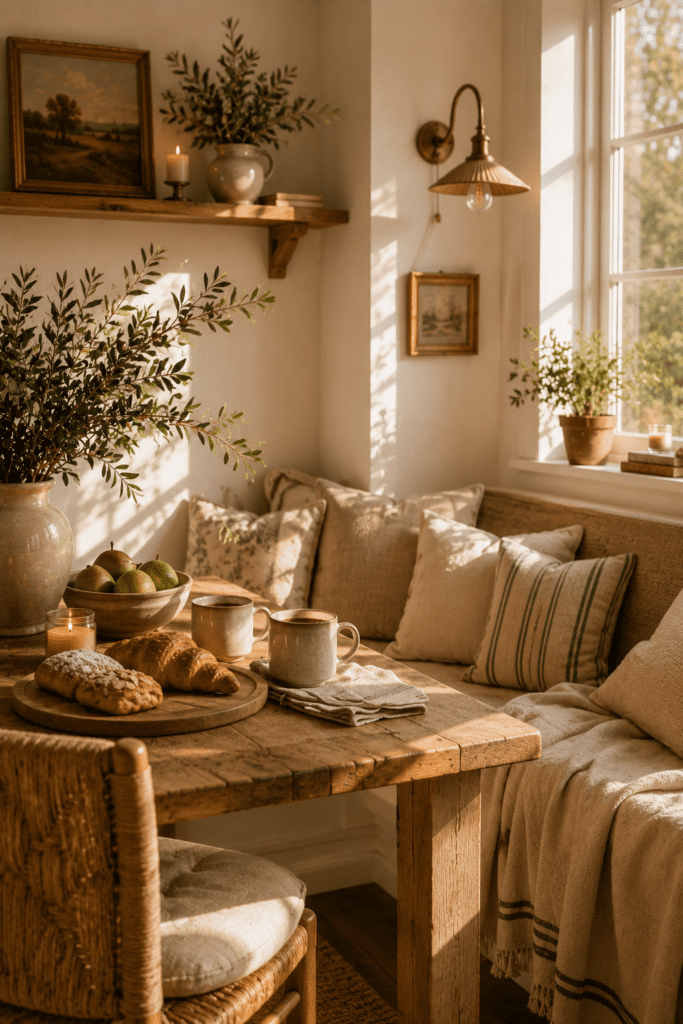 Cozy farmhouse breakfast nook with soft cushions, pastries, and warm morning sunlight.