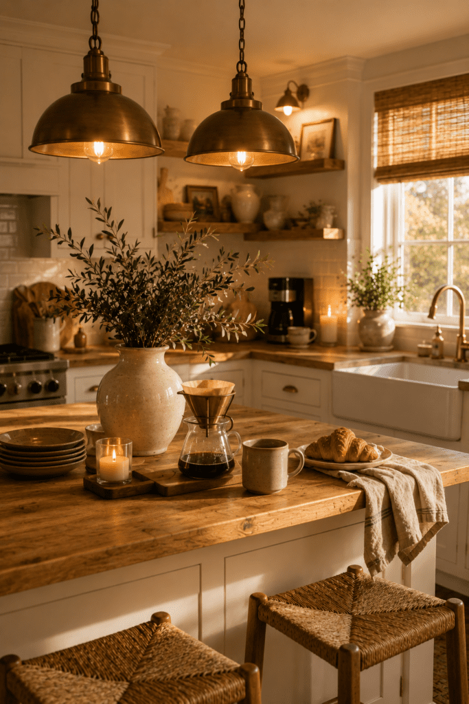 Farmhouse kitchen island with warm pendant lighting, oak textures, and cozy morning atmosphere.