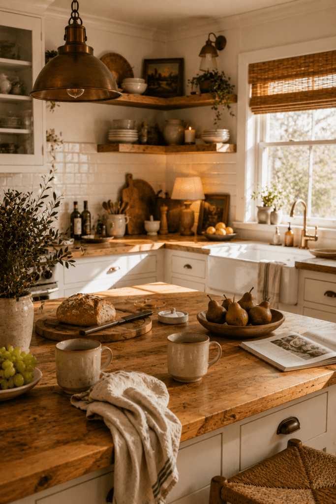 Realistic lived-in farmhouse kitchen with mugs, bread boards, and cozy everyday decor.