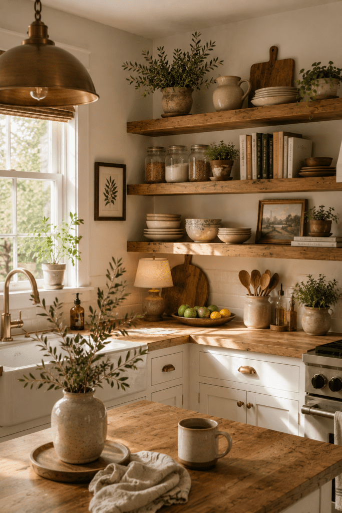 Farmhouse kitchen with open wooden shelving, ceramic dishes, and warm natural sunlight.