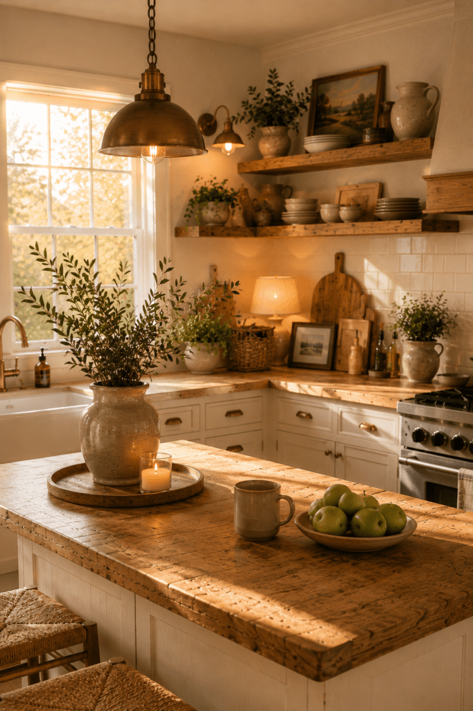 Warm neutral farmhouse kitchen with earthy decor tones and cozy layered textures.