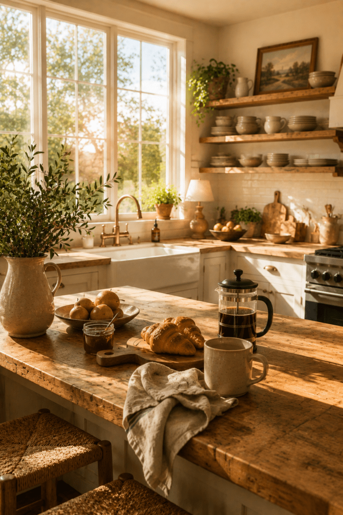 Cozy farmhouse kitchen filled with soft golden morning sunlight and warm wood textures.