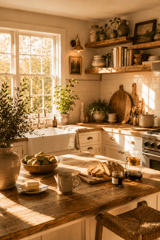 Farmhouse kitchen with woven baskets, textured rugs, and cozy earthy decor styling.