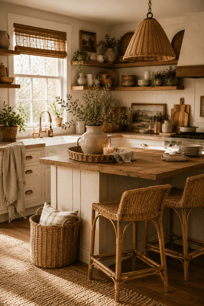 Realistic farmhouse kitchen with farmhouse sink, brass faucet, and warm natural lighting.