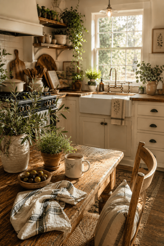 Farmhouse kitchen decorated with greenery, herbs, and warm natural wood accents.