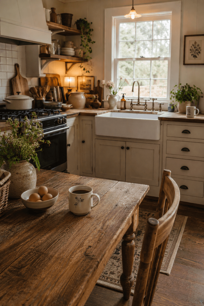 Relaxed farmhouse kitchen with cozy imperfections, soft lighting, and realistic everyday styling.