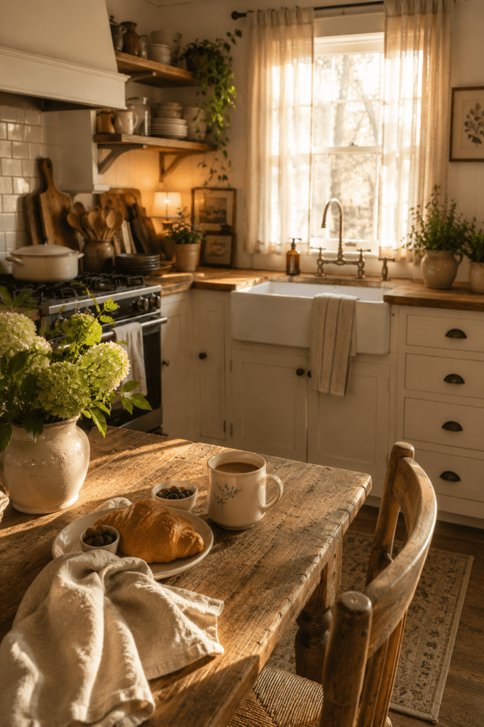 Cozy farmhouse kitchen with linen curtains glowing in warm morning sunlight.