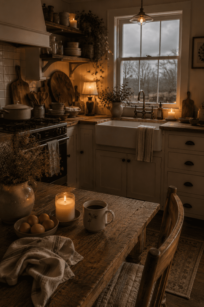 Cozy candlelit farmhouse kitchen with warm lighting and peaceful cloudy morning atmosphere.