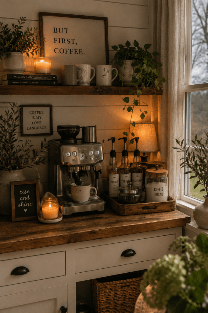 Farmhouse kitchen coffee station with mugs, candles, and cozy warm morning ambience.