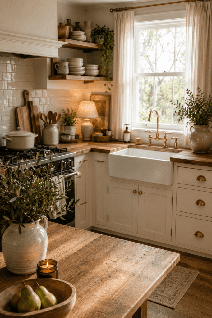 Farmhouse kitchen featuring warm brass hardware, cream cabinets, and oak wood textures.