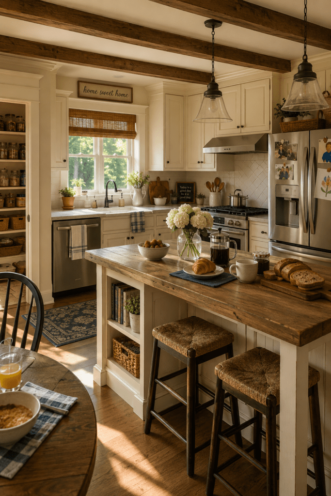 Practical family farmhouse kitchen with cozy breakfast decor and realistic home atmosphere.