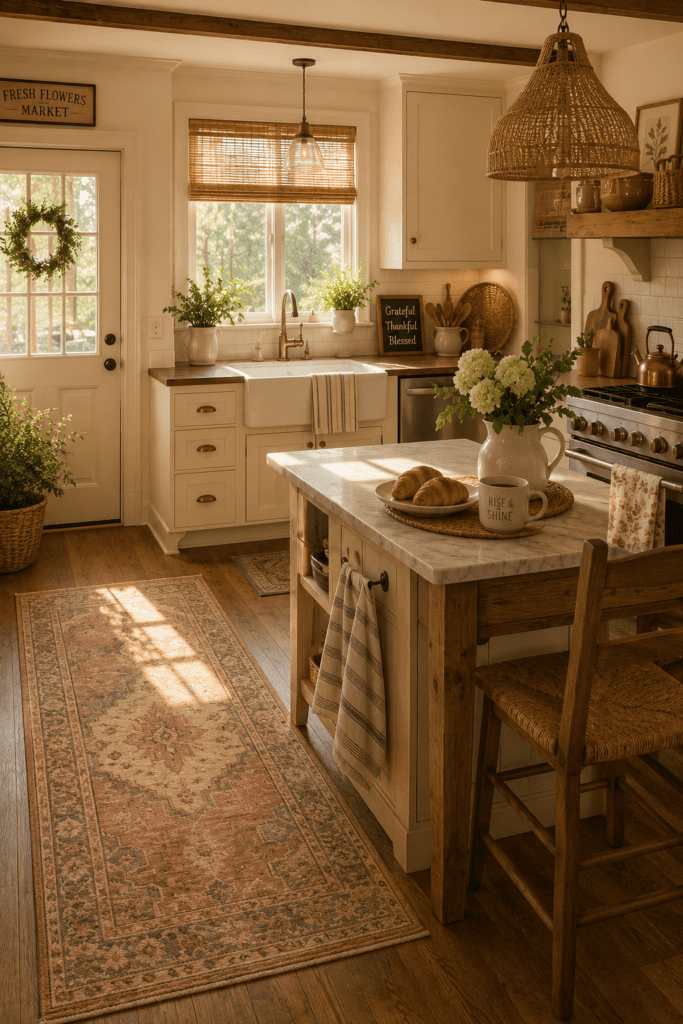 Warm farmhouse kitchen with textured rugs, oak flooring, and cozy morning styling.
