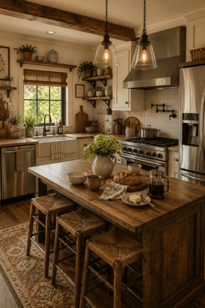 Farmhouse kitchen blending modern appliances with rustic wood and vintage-inspired decor.