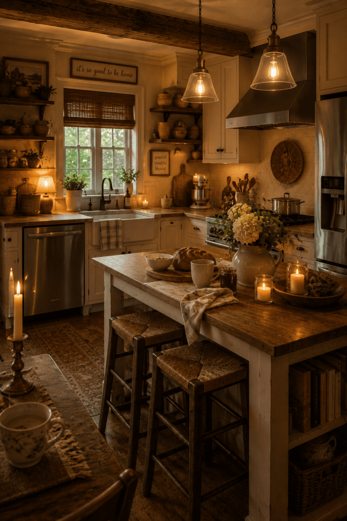 Emotionally cozy farmhouse kitchen with warm lighting, candles, and relaxed breakfast styling.