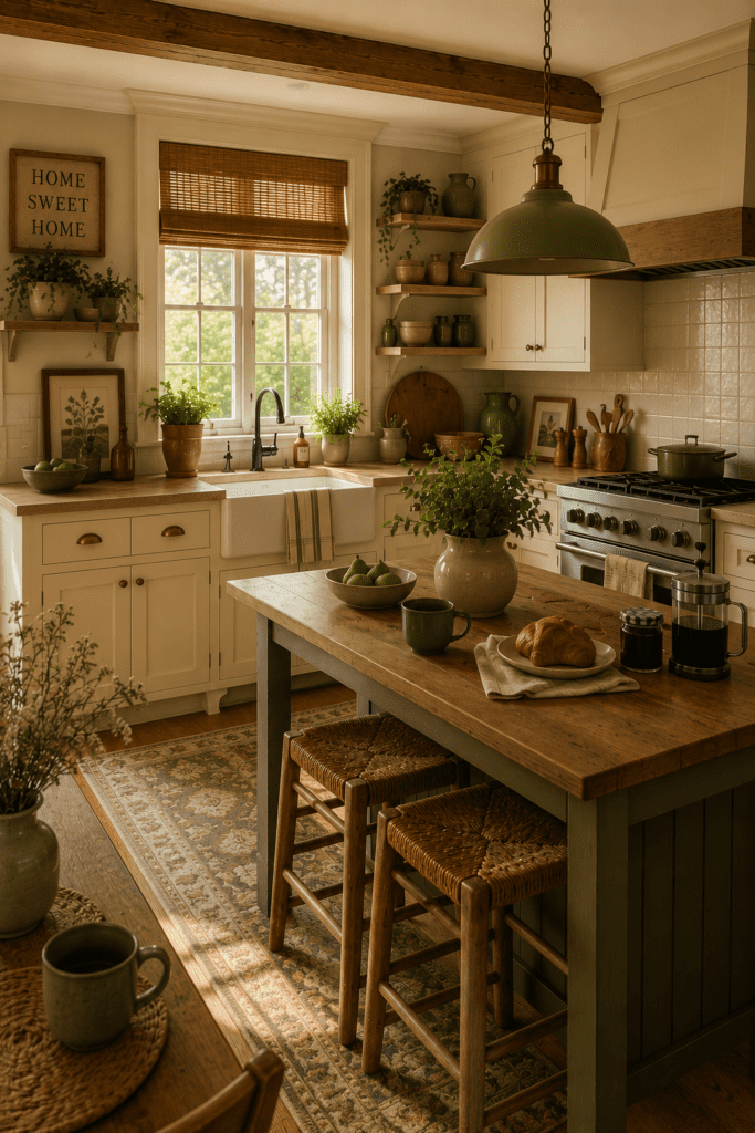 Earthy farmhouse kitchen with olive green accents, warm wood textures, and soft natural light.