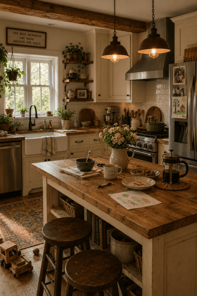 Realistic lived-in farmhouse kitchen with subtle clutter and cozy everyday warmth.