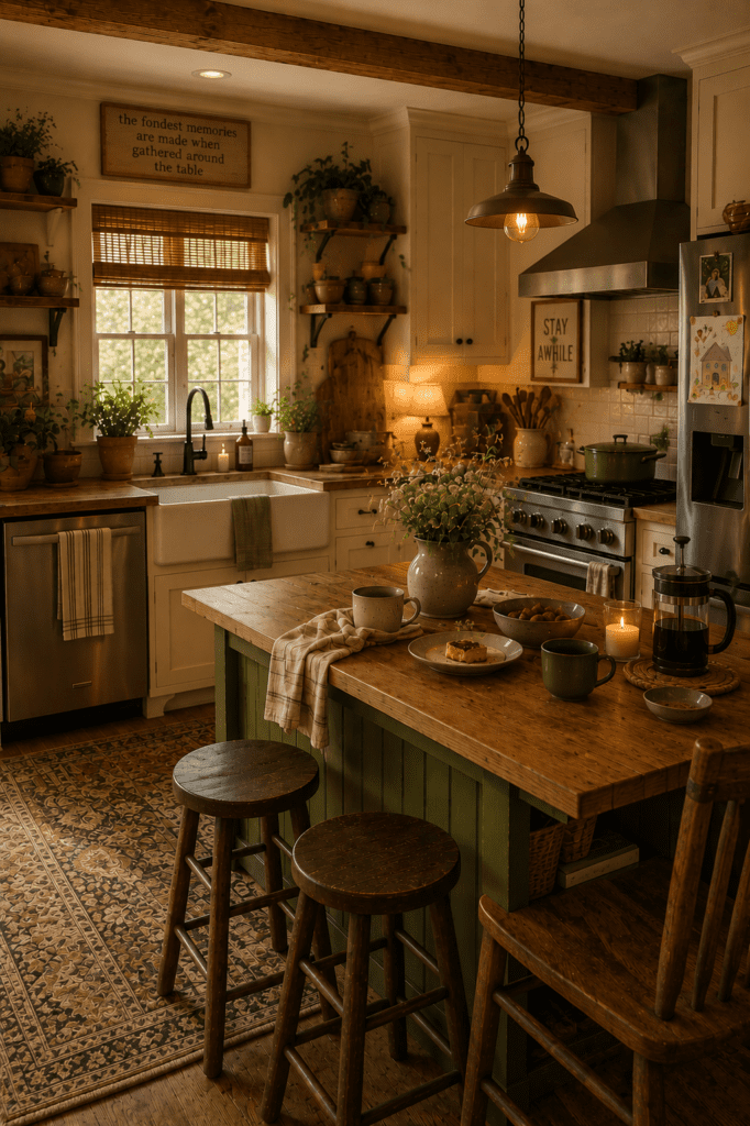 Cozy farmhouse kitchen focused on warmth, relaxed styling, and inviting everyday comfort.