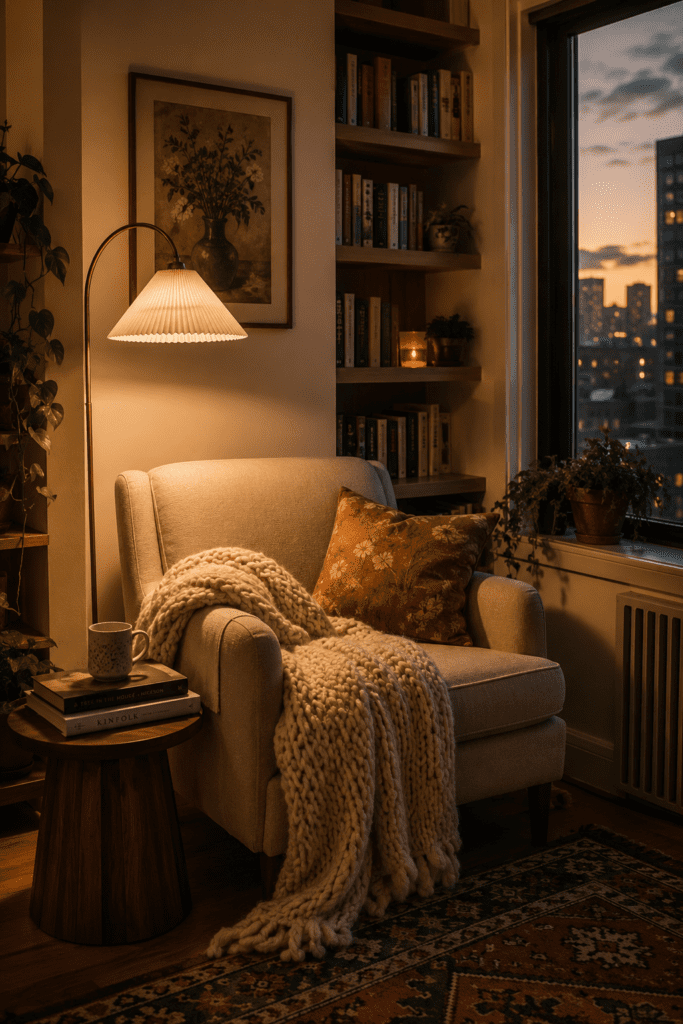 Cozy apartment reading nook with comfortable chair, floor lamp, books, and soft lighting.