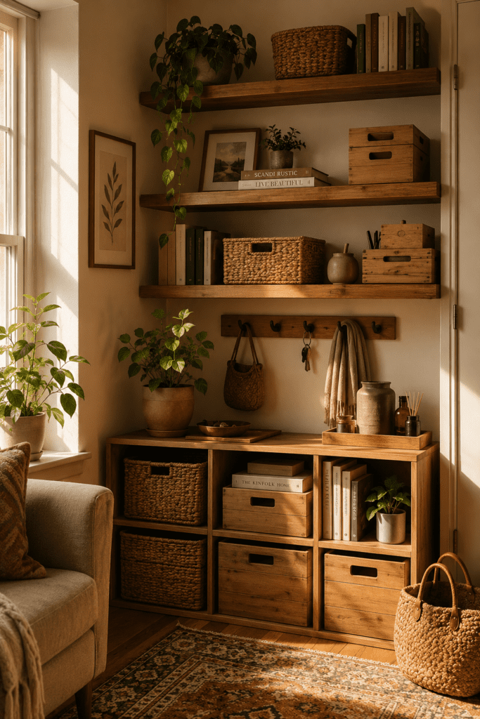 Apartment storage ideas featuring woven baskets, shelving, and stylish organization solutions.