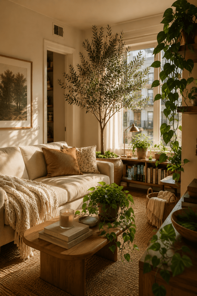 Cozy apartment decorated with olive trees, indoor plants, and warm neutral furnishings.