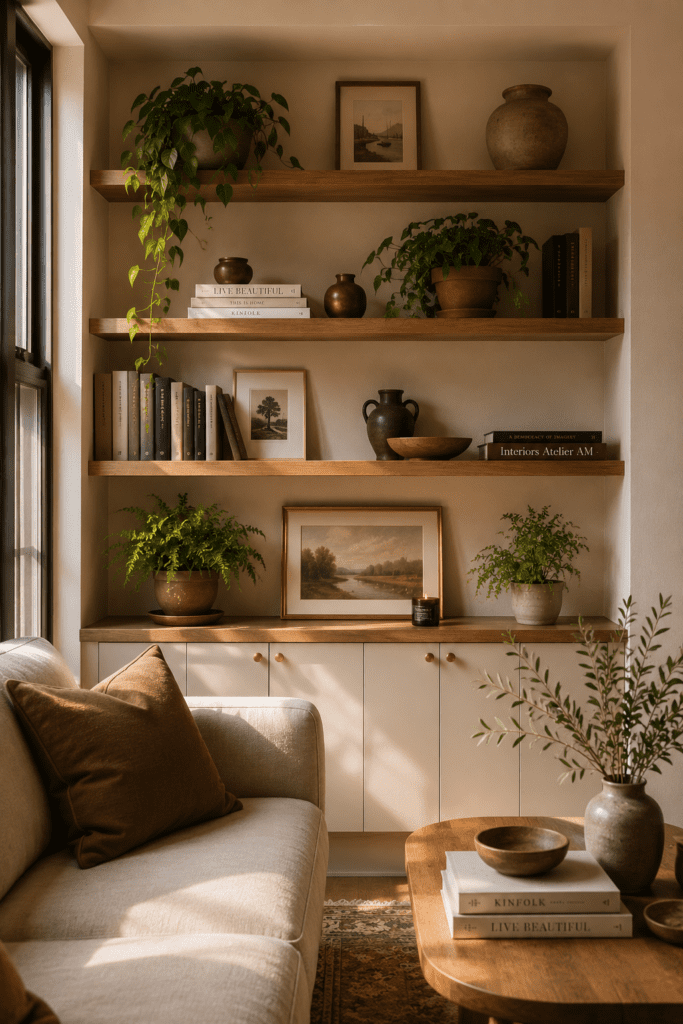 Open shelving styled with books, pottery, framed art, and greenery in a cozy apartment.