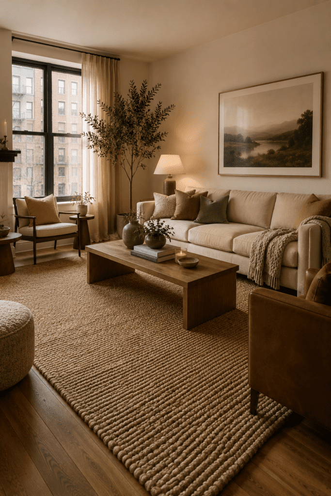 Apartment living room with a large textured rug anchoring a warm and inviting seating area.