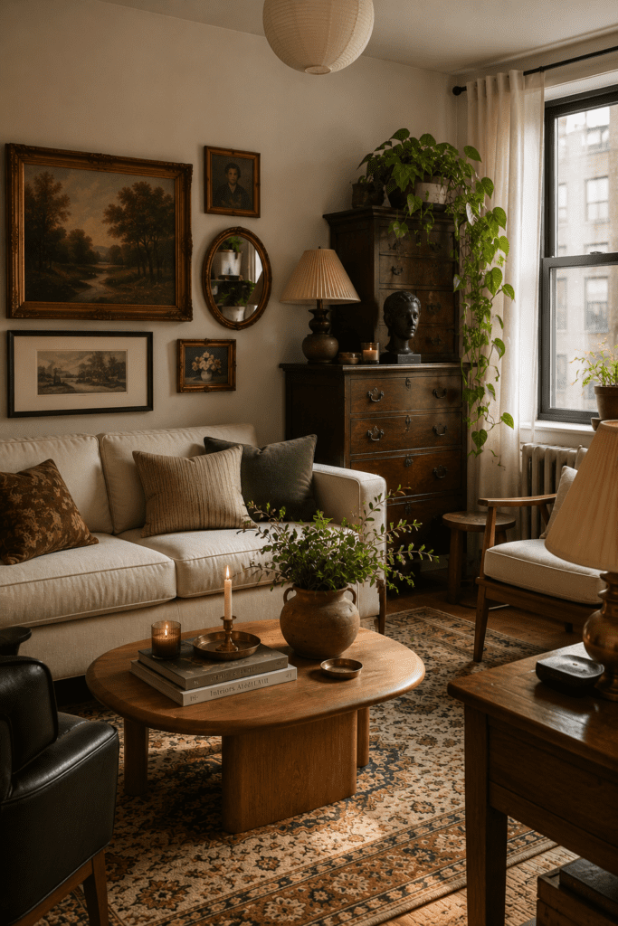 Apartment decor mixing modern furniture with vintage artwork and timeless accessories.